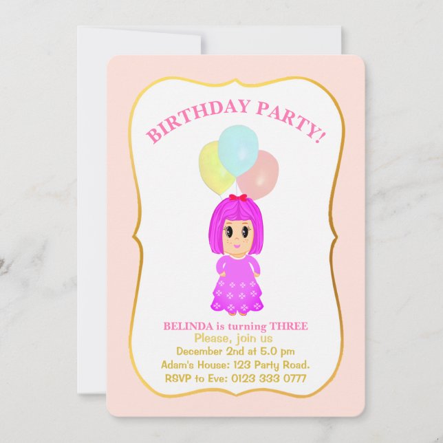 Cute Girl 3rd Birthday Invitation (Front)