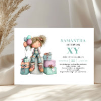 Cute Girl 7th Birthday Purple Green Whimsy invite