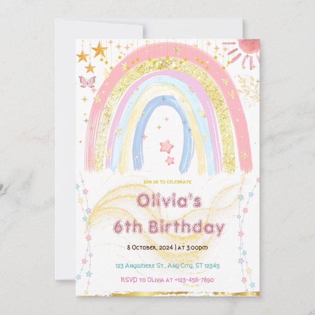 Cute Girl Abstract Rainbow Any Age Birthday Invitation (Front)