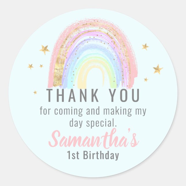Cute Girl Abstract Rainbow Birthday Thank You Classic Round Sticker (Front)