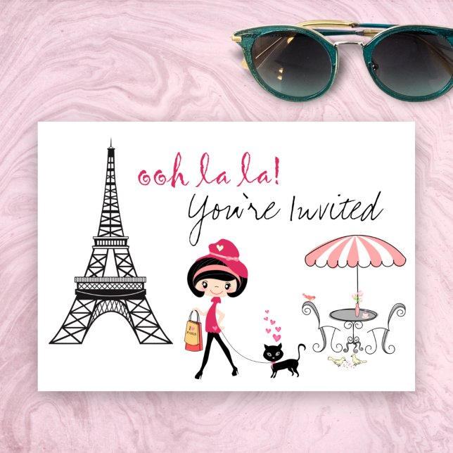 Cute Girl and Black Cat Paris Birthday Invitation (Creator Uploaded)
