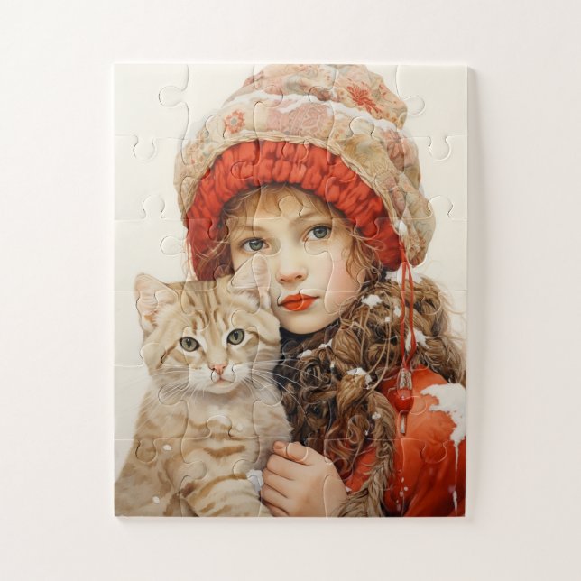 CUTE GIRL AND CAT ART JIGSAW PUZZLE (Vertical)