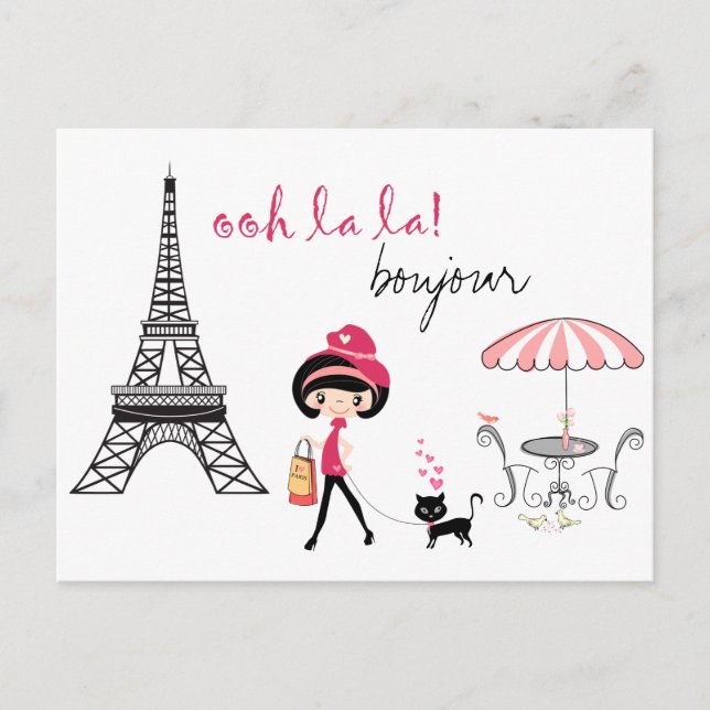 Cute Girl and Cat in Paris Eiffel Tower Bonjour Postcard (Front)