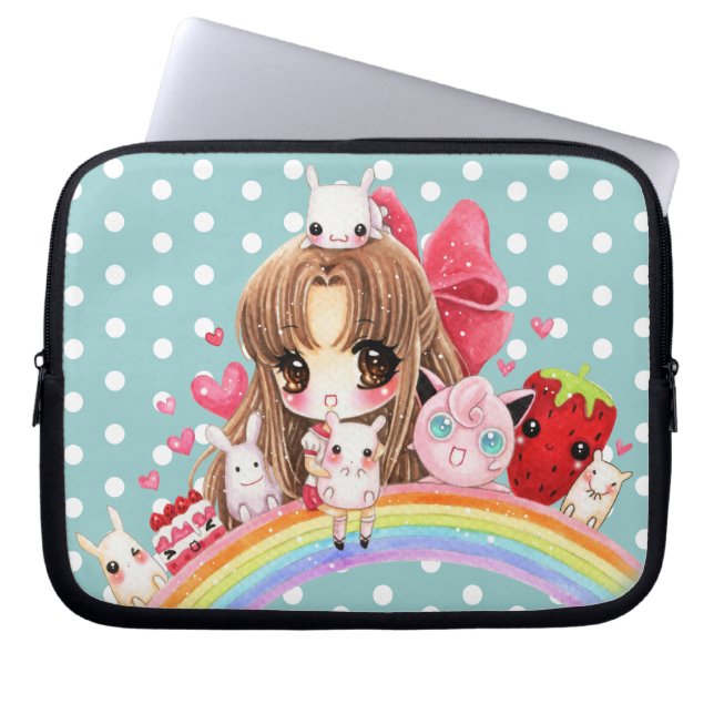 Cute girl and kawaii animals sitting on rainbow laptop sleeve (Front)