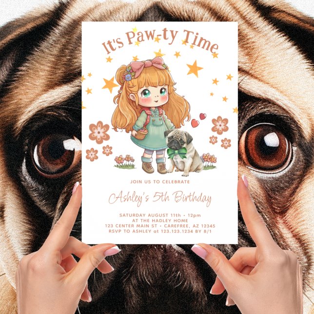 Cute Girl and Pug It's Pawty Time Birthday Invitation (Creator Uploaded)