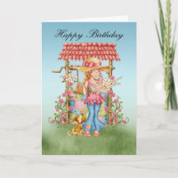 Cute Girl And Wishing Well Birthday Card - Happy B