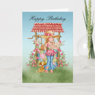 Cute Girl And Wishing Well Birthday Card - Happy B