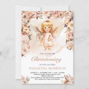 Cute girl angel and blush and ivory flowers invitation