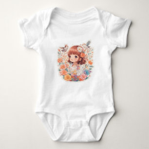 Cute Girl Anime in Sea of Flowers Baby Bodysuit