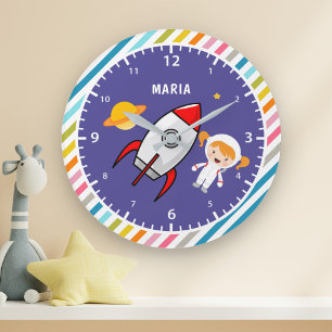 Cute Girl Astronaut Outer Space Rocket Kids Room Large Clock