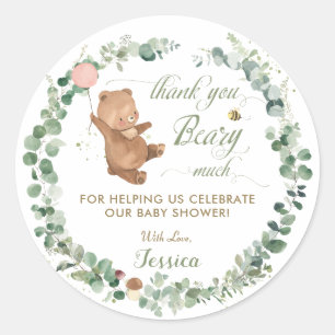 Cute Girl Baby Bear Bee Greenery Thank You Favour Classic Round Sticker