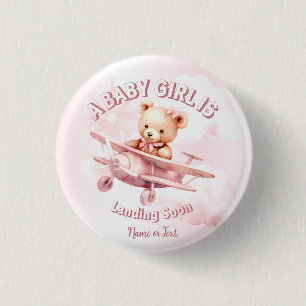 Cute Girl Baby Bear Pilot Pink Aeroplane Beautiful 3 Cm Round Badge
