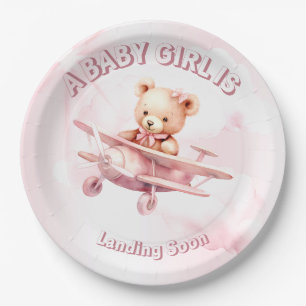Cute Girl Baby Bear Pilot Pink Aeroplane Beautiful Paper Plate