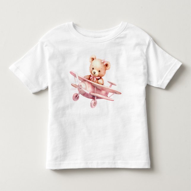 Cute Girl Baby Bear Pilot Pink Aeroplane Beautiful Toddler T-Shirt (Front)