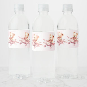 Cute Girl Baby Bear Pilot Pink Aeroplane Beautiful Water Bottle Label