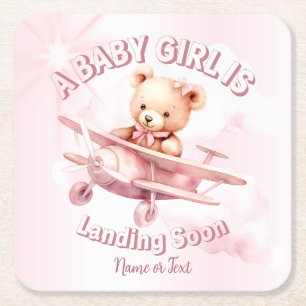 Cute Girl Baby Bear Pilot Pink Airplane Beautiful Square Paper Coaster