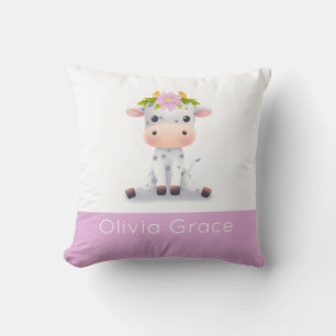 Cute Girl Baby Cow wearing a crown of flowers Name Cushion