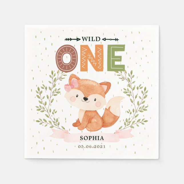 Cute Girl Baby Fox 1st Birthday Paper Napkin (Front)
