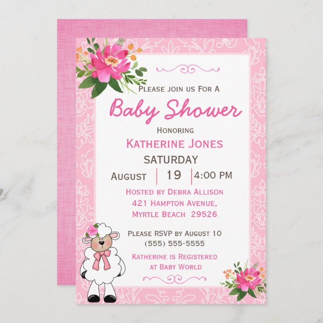 Cute Girl Baby Lamb Invitation (Front/Back)