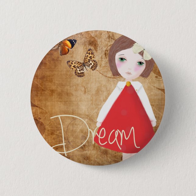 Cute Girl Badge, Whimsical Art, Badge for Kids (Front)