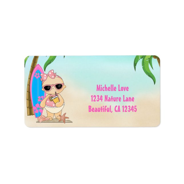 Cute Girl Beach Baby n Surfboard Tropical Address Label (Front)