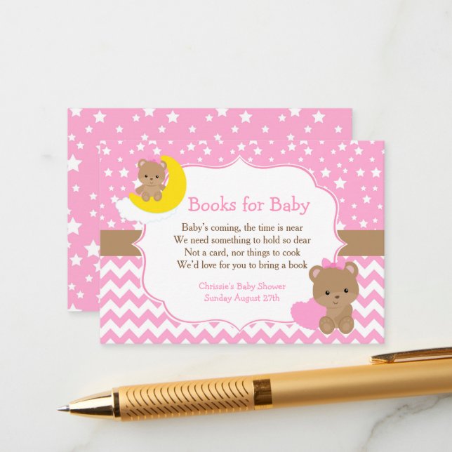 Cute Girl Bears Book Request for Baby Shower Enclosure Card (Front/Back In Situ)