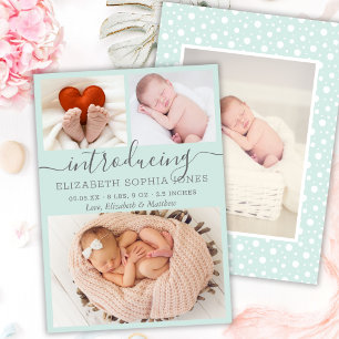 Cute Girl Birth Announcement Aqua Photo Collage
