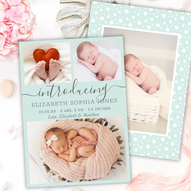 Cute Girl Birth Announcement Aqua Photo Collage (Creator Uploaded)