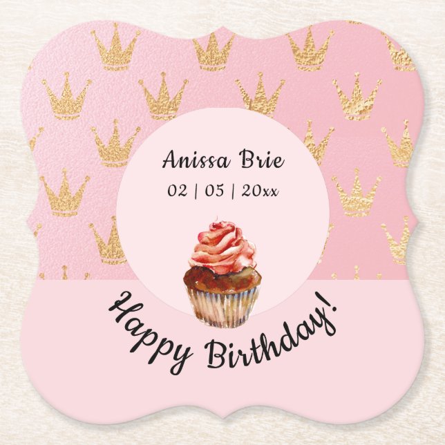 Cute Girl Birthday Gold & Pink Paper Coaster (Front)