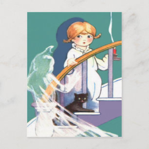 Cute Girl Black Cat Ghost Ghoul Postcard