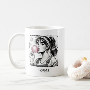 Cute Girl Blowing Pink Bubbles,Comic,Personalised Coffee Mug
