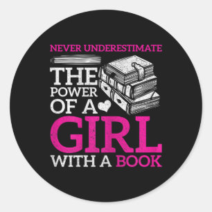 cute girl book lover power word art classic round sticker