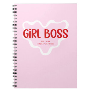 Cute Girl Boss Pink and Red Custom Name Year Notebook