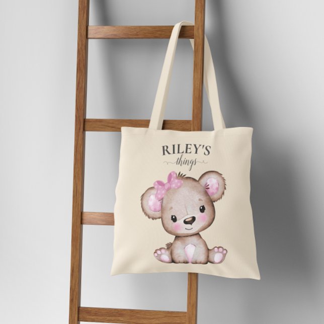 Cute Girl Brown Bear Monogrammed Baby Tote Bag (Creator Uploaded)