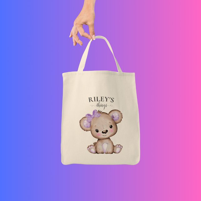 Cute Girl Brown Purple Bear Monogrammed Baby Tote Bag (Creator Uploaded)