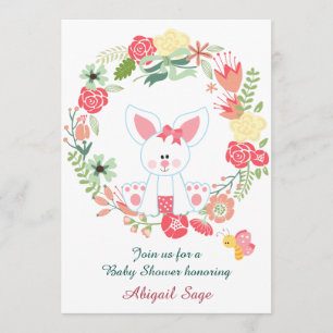 Cute Girl Bunny and Flower Wreath Baby Shower Invitation