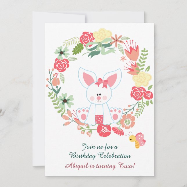 Cute Girl Bunny and Flower Wreath Birthday Invitation (Front)