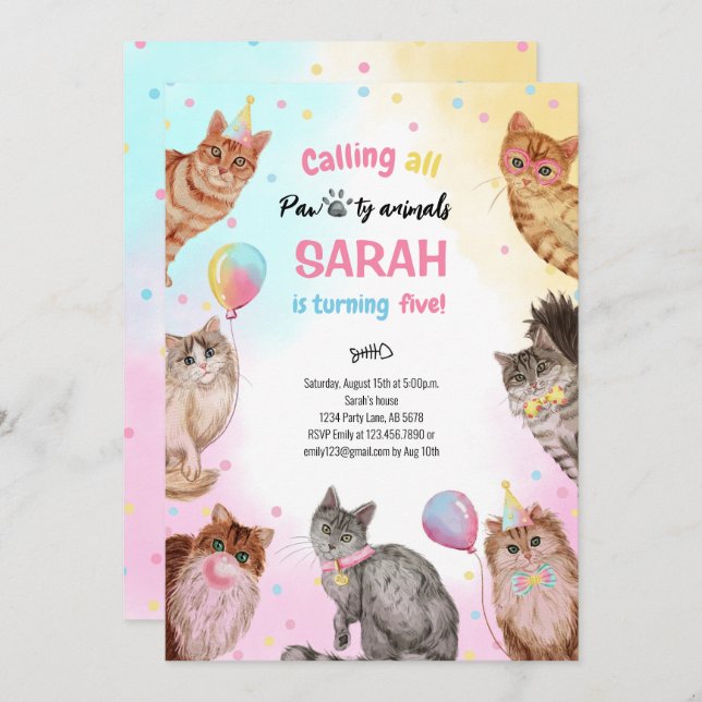 Cute Girl Cat Pawty Animals Birthday Invitation (Front/Back)