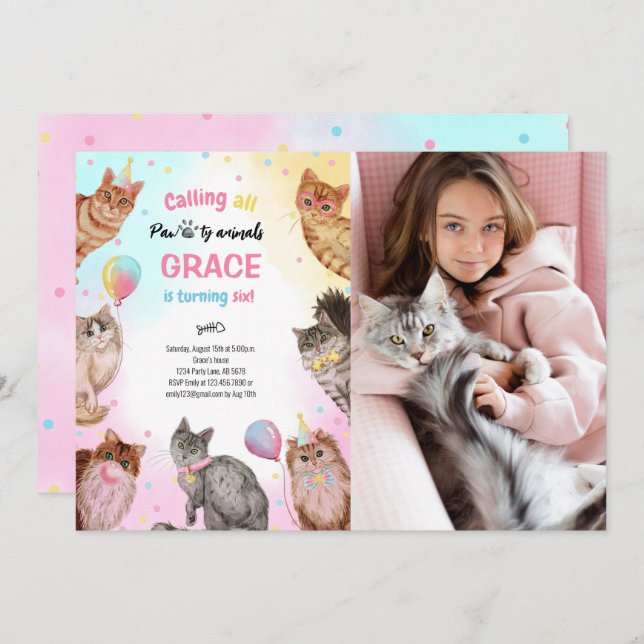 Cute Girl Cat Pawty Animals Birthday Photo Invitation (Front/Back)
