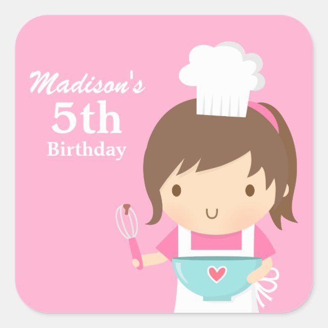 Cute Girl Chef Cooking Baking Birthday Party Square Sticker (Front)