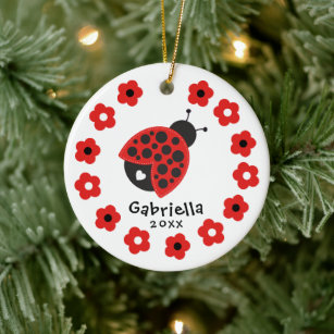 Cute Girl Christmas Ladybug Ceramic Ornament