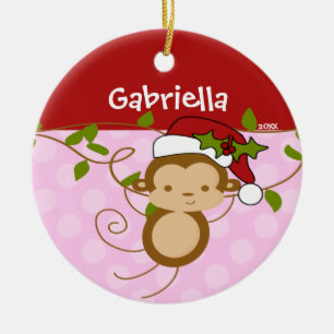 Cute Girl Christmas Ornament Monkey Pink Red