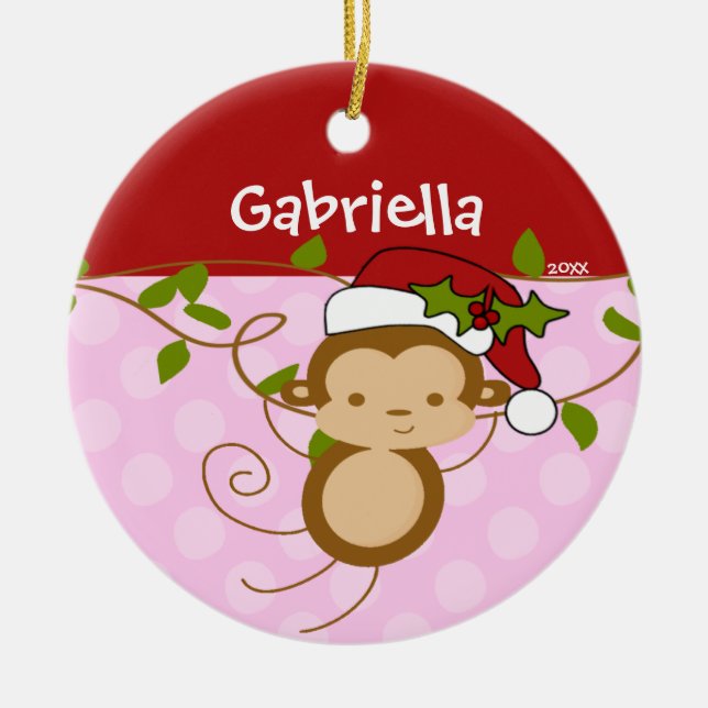 Cute Girl Christmas Ornament Monkey Pink Red (Front)