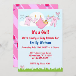 Cute Girl Clothesline Hearts Boho Baby Shower Invitation