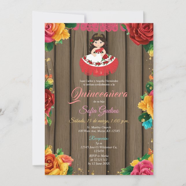 Cute Girl Colourful Flowers Rustic Wood Quinceañer Invitation (Front)