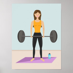 Cute Girl Deadlifting Barbell Cartoon Illustration Poster