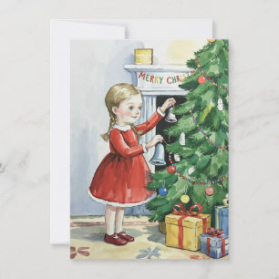 Cute Girl Decorating Tree Vintage Christmas Holiday Card