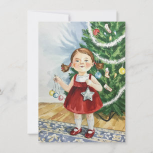 Cute Girl Decorating Tree Vintage Christmas Holiday Card