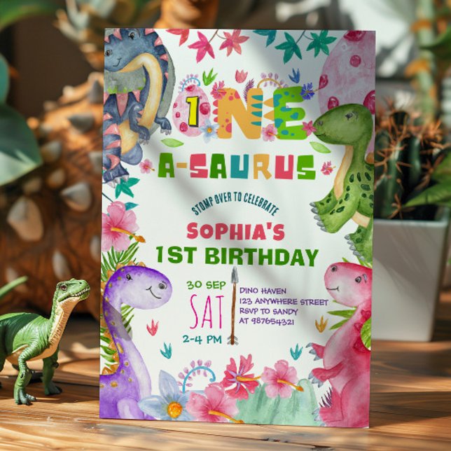 Cute Girl Dinosaur 1st Birthday Invitation (Creator Uploaded)