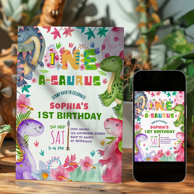 Cute Girl Dinosaur 1st Birthday Invitation (Creator Uploaded)